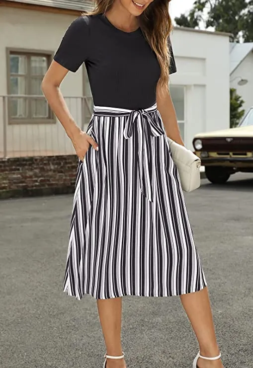 Black Women Short Sleeve Ribbed Midi Dress Modest Casual Work Dress with Pockets - Zattcas