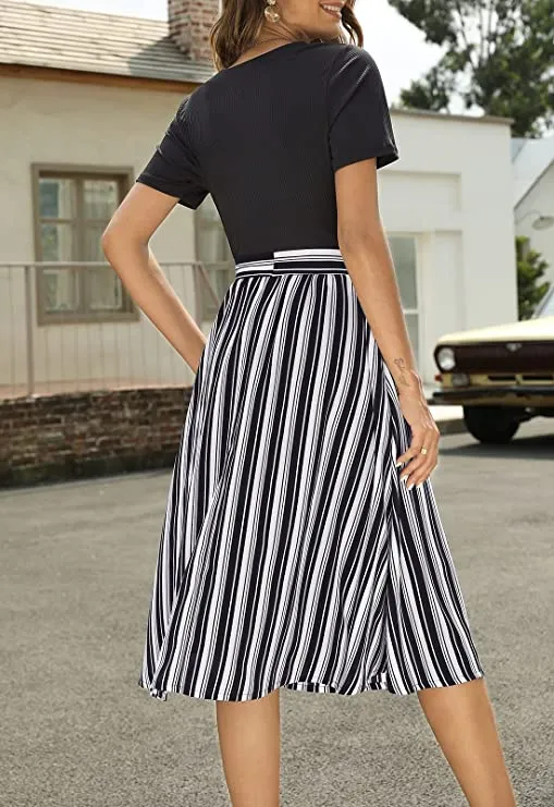 Black Women Short Sleeve Ribbed Midi Dress Modest Casual Work Dress with Pockets - Zattcas
