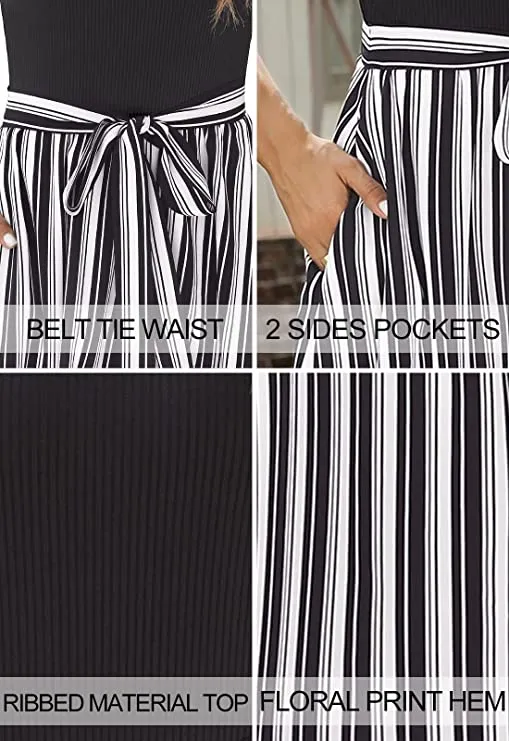 Black Women Short Sleeve Ribbed Midi Dress Modest Casual Work Dress with Pockets - Zattcas
