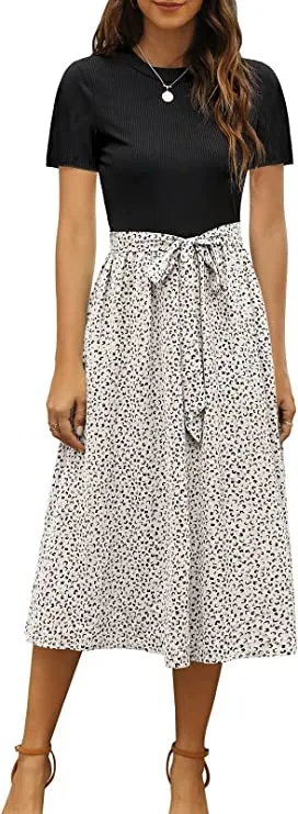 Black Women Short Sleeve Ribbed Midi Dress Modest Casual Work Dress with Pockets - Zattcas