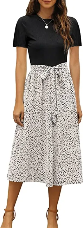 Black Women Short Sleeve Ribbed Midi Dress Modest Casual Work Dress with Pockets - Zattcas