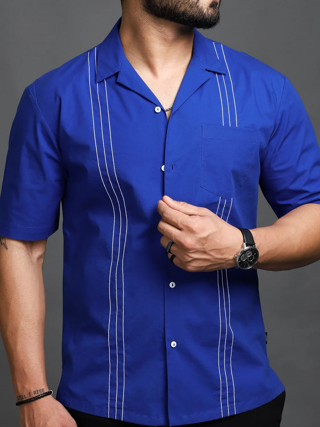 Blue Topstitched Cuban Shirt (Studio Collection)