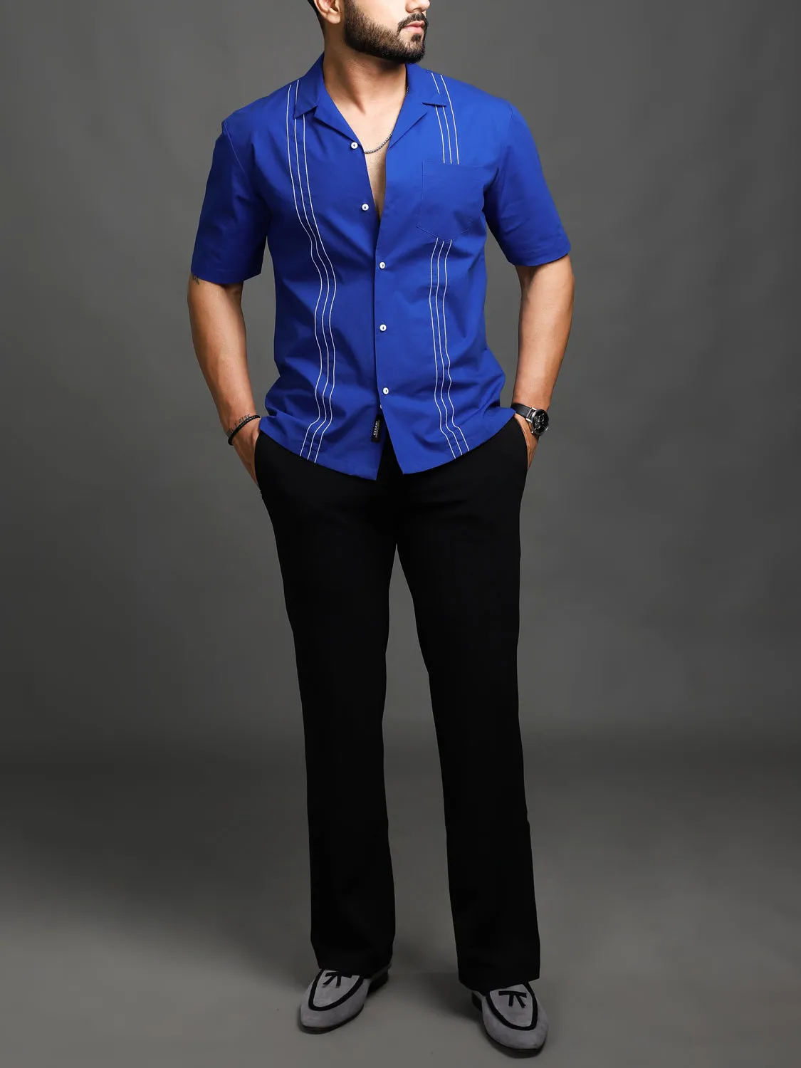 Blue Topstitched Cuban Shirt (Studio Collection)