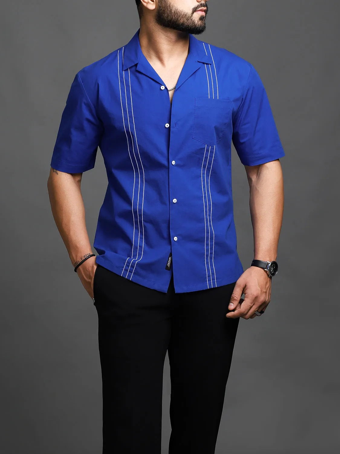 Blue Topstitched Cuban Shirt (Studio Collection)