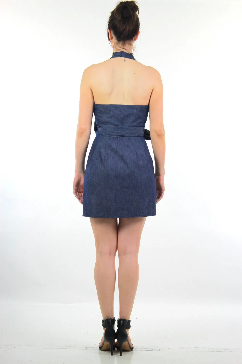 Boho Denim blue jean halter mini dress