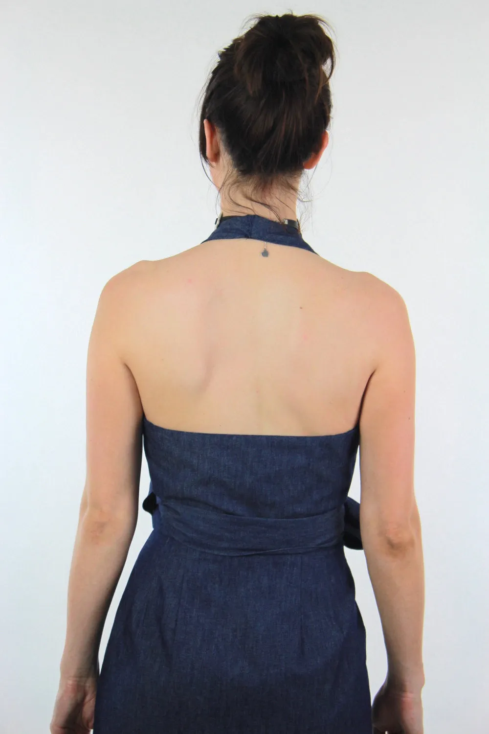 Boho Denim blue jean halter mini dress
