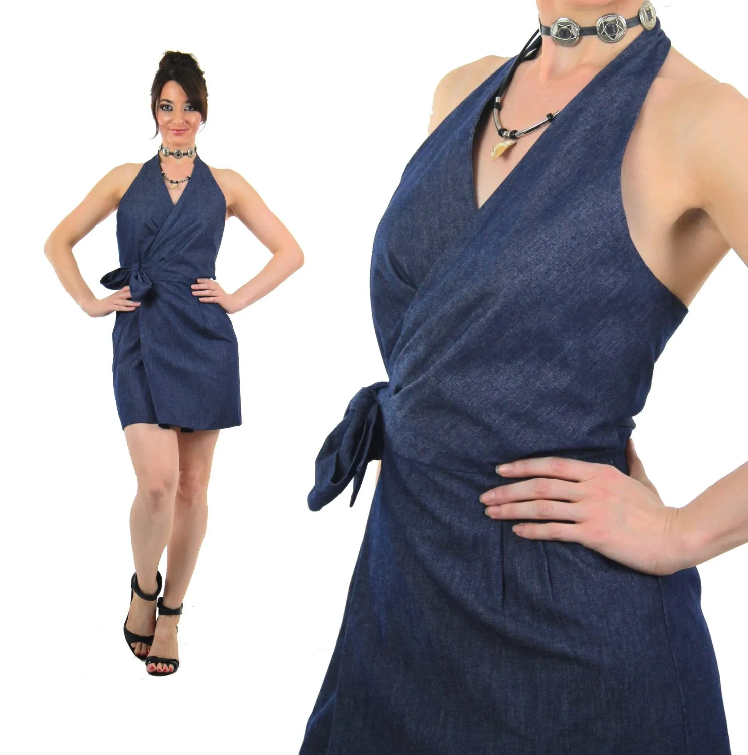 Boho Denim blue jean halter mini dress
