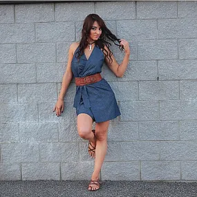 Boho Denim blue jean halter mini dress