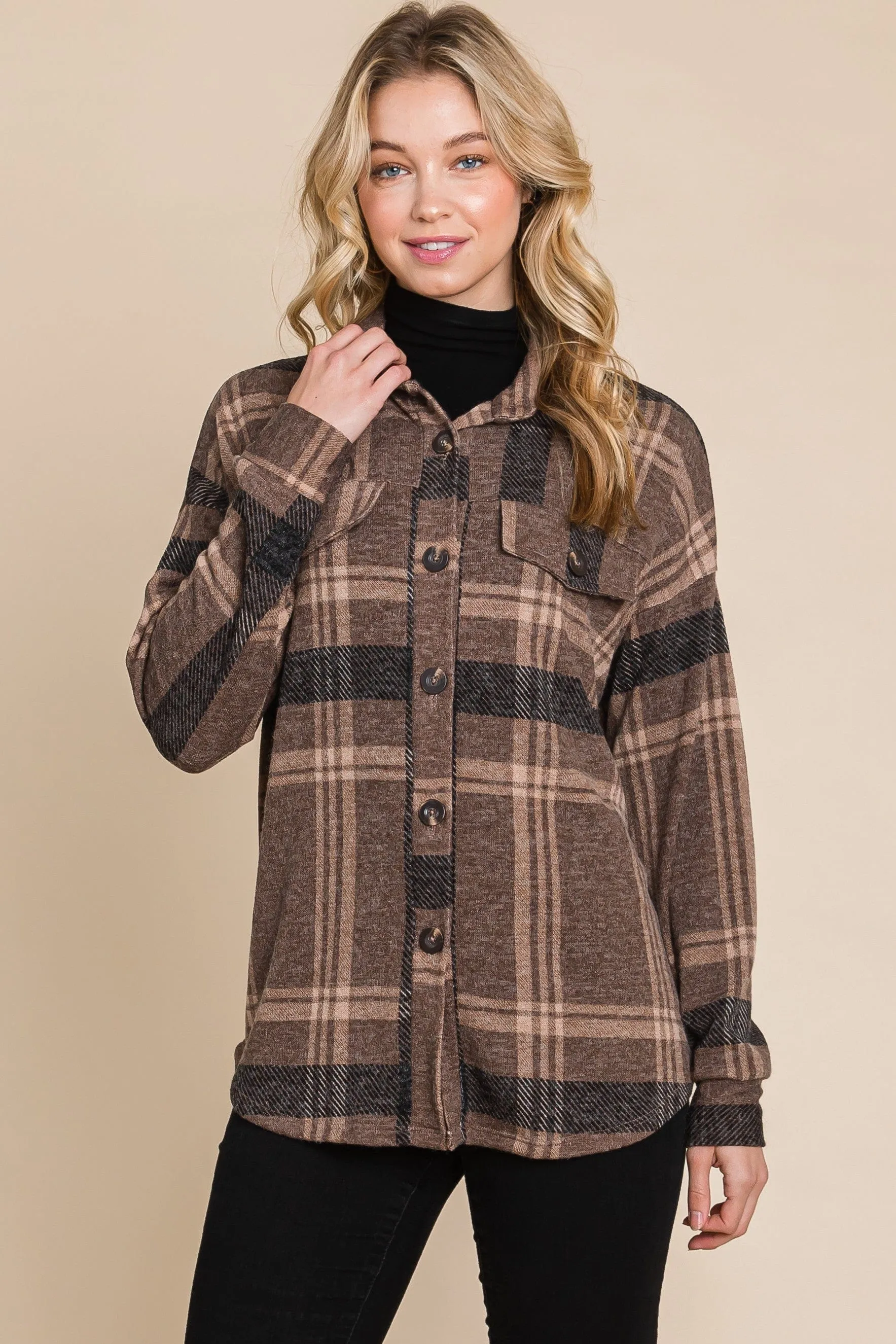Brown Plaid Button Down Shacket