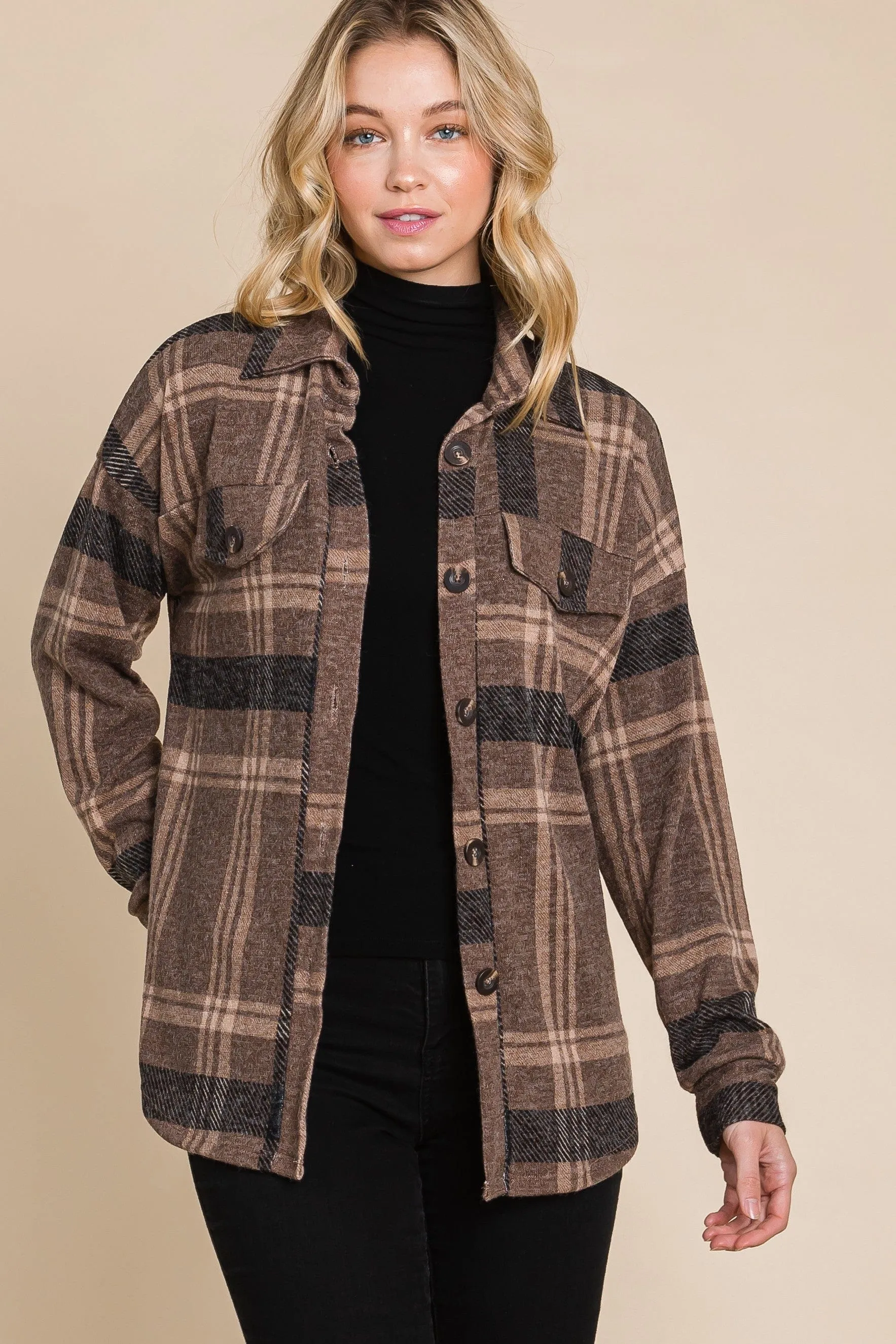 Brown Plaid Button Down Shacket