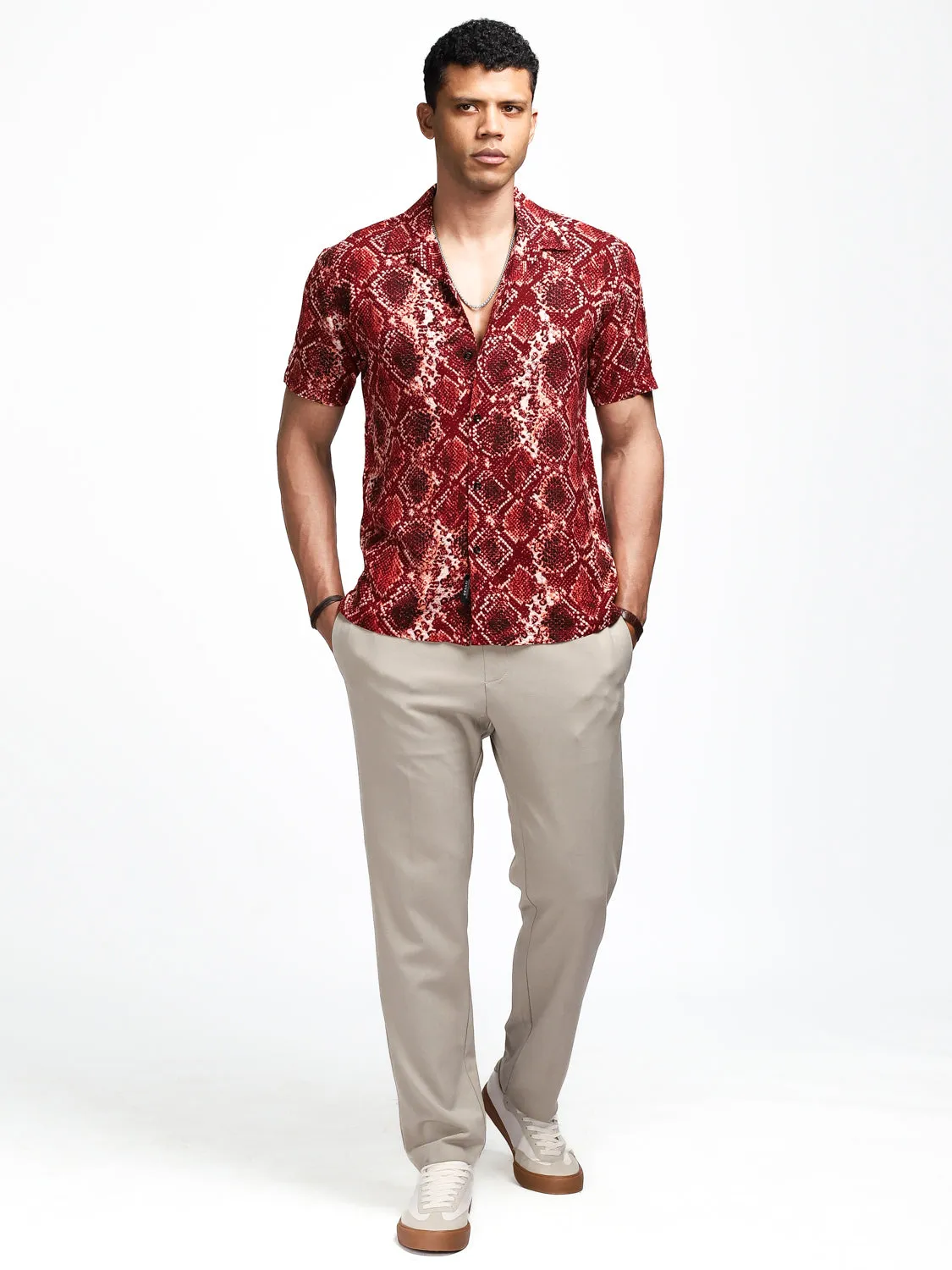 Burnt Red Snake Print Cuban Shirt