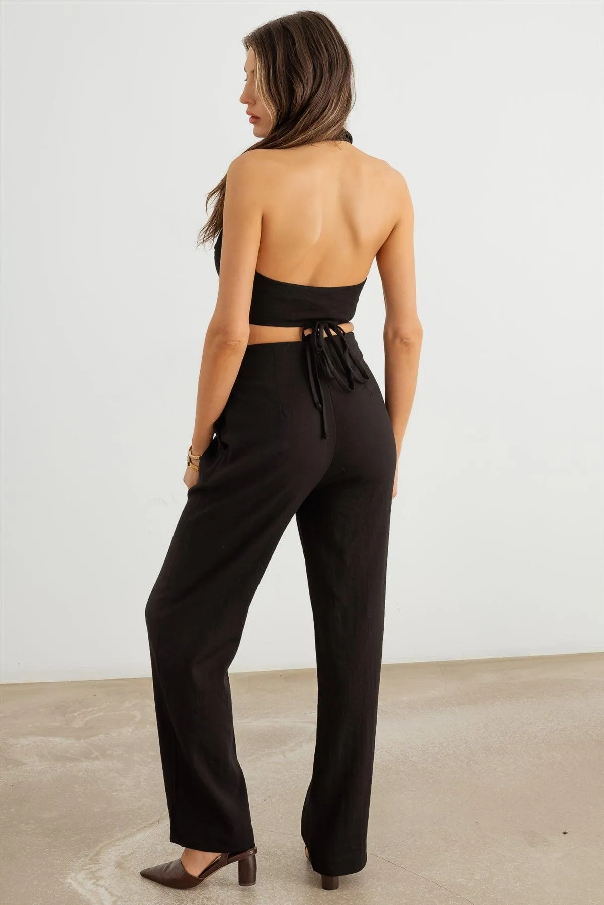 Collar Neck Wrap Drawstring Hem Top & Pleated High Waist Pants Set