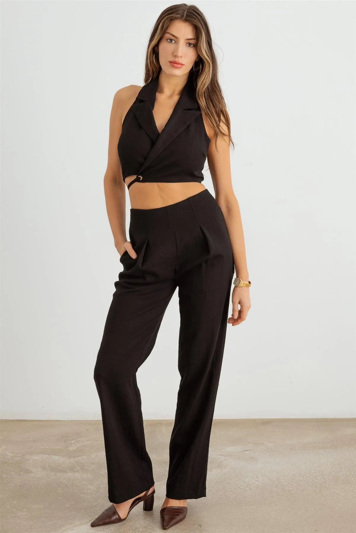 Collar Neck Wrap Drawstring Hem Top & Pleated High Waist Pants Set