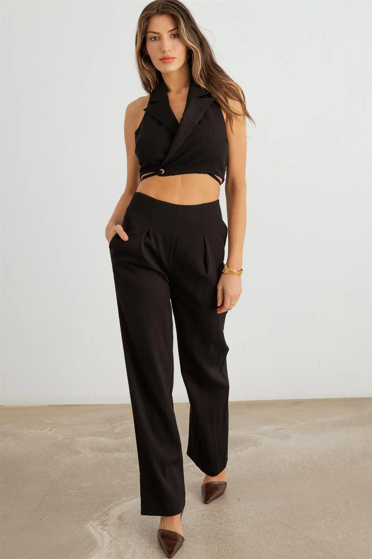 Collar Neck Wrap Drawstring Hem Top & Pleated High Waist Pants Set