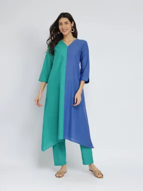 Cotton Colourblock Asymmetric Kurta Set - Green & Blue
