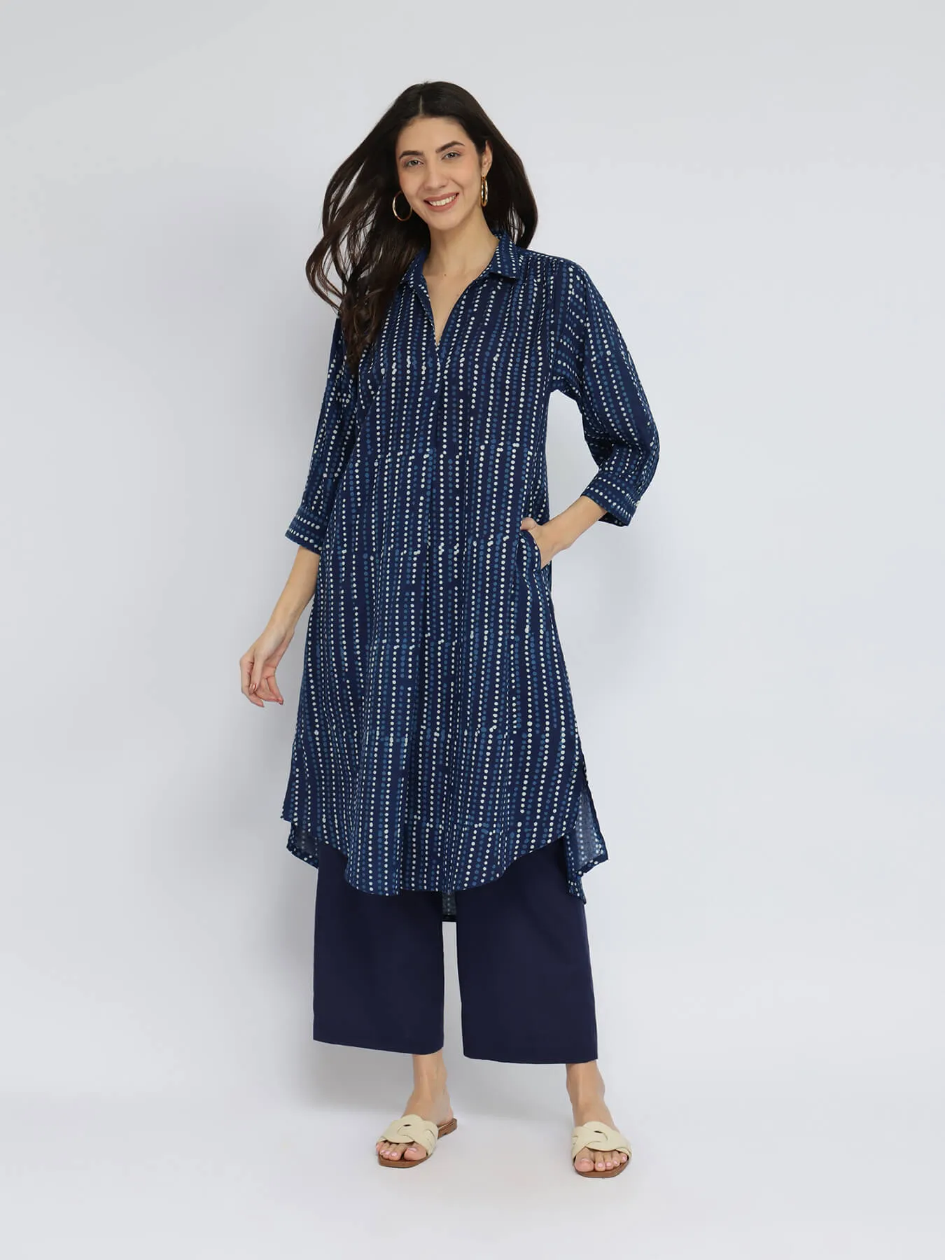 Cotton Dabu Polka Play Kurta Set - Indigo