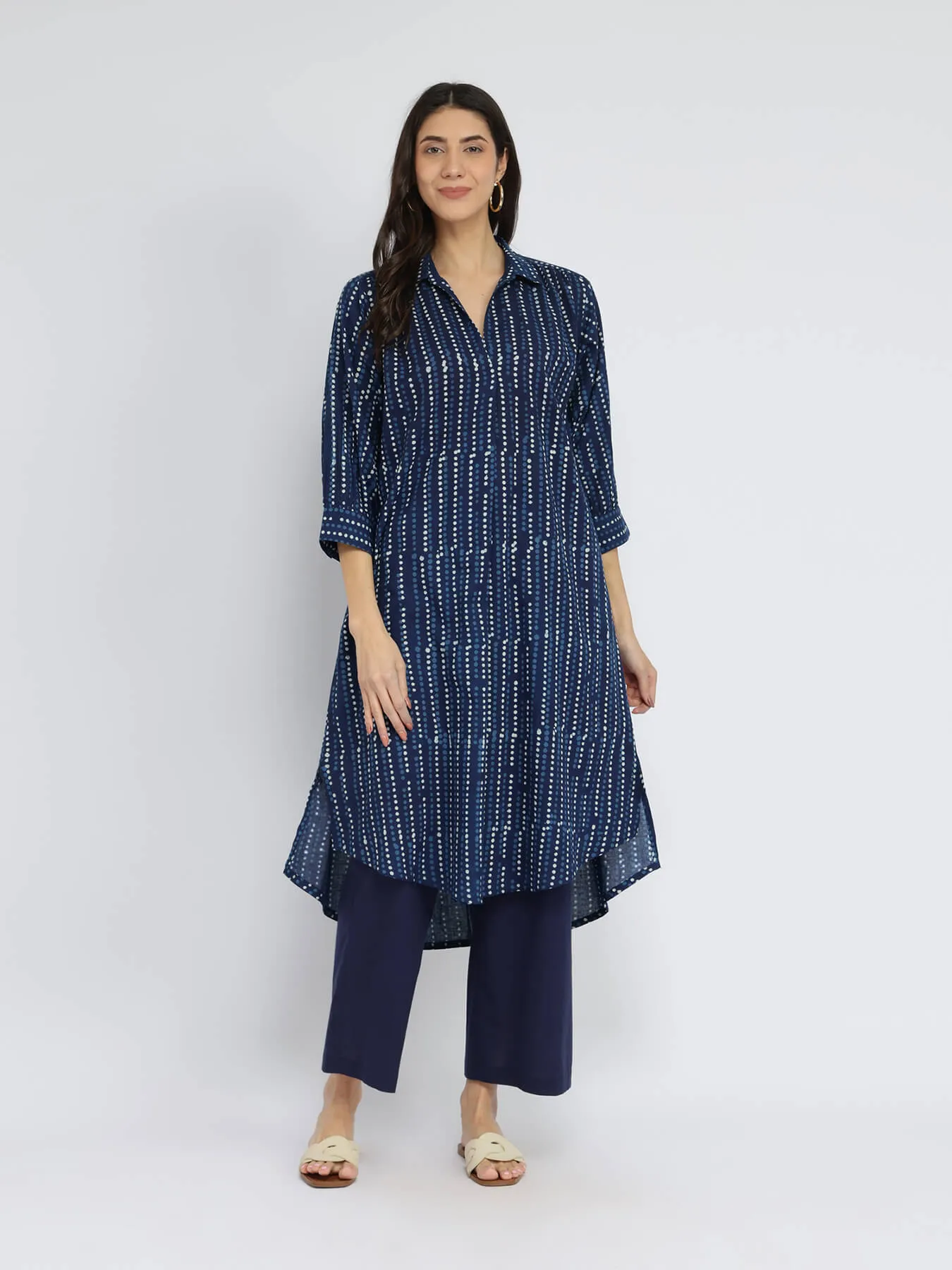 Cotton Dabu Polka Play Kurta Set - Indigo