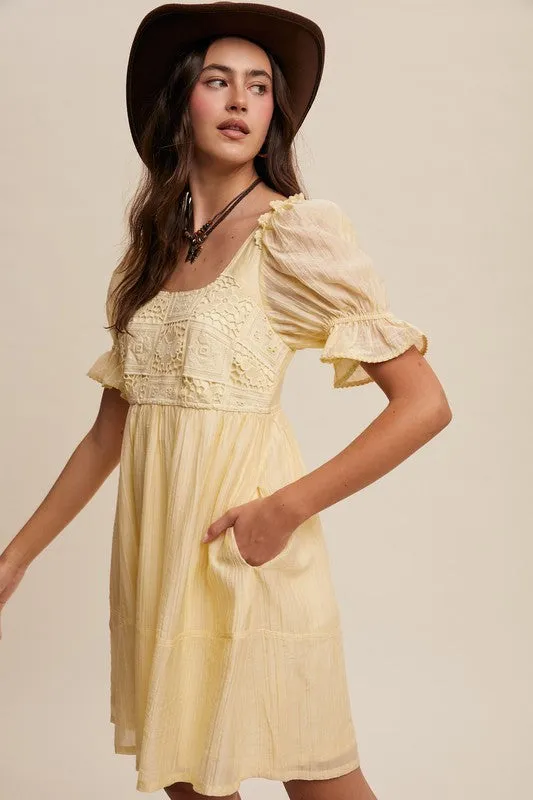 Crochet Square Neck Babydoll Dress