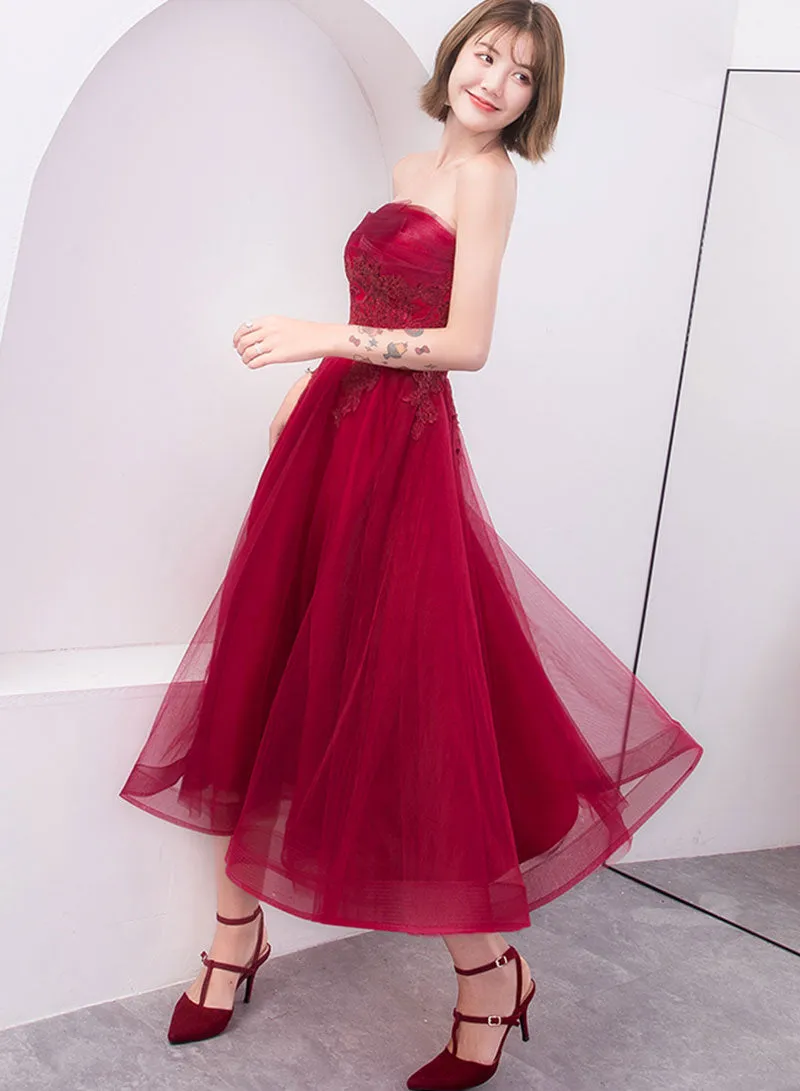 Cute Tulle Lace Short Prom Dress, A-Line Strapless Homecoming Party Dress