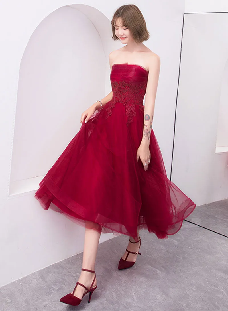Cute Tulle Lace Short Prom Dress, A-Line Strapless Homecoming Party Dress