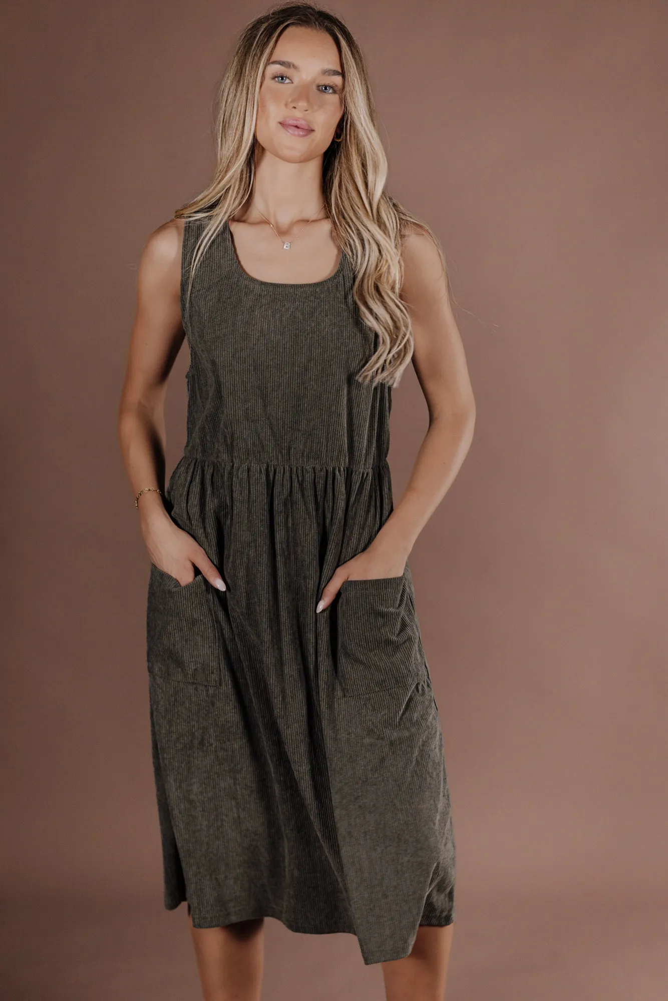 Dakota Overall Dress in Olive