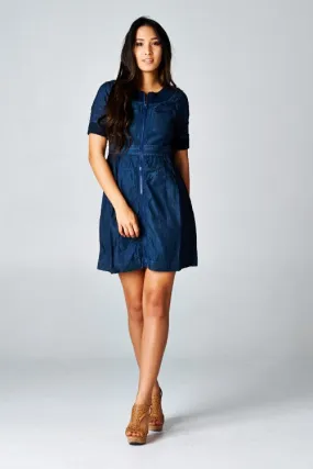 Denim Short Sleeve Zip Up Mini Dress