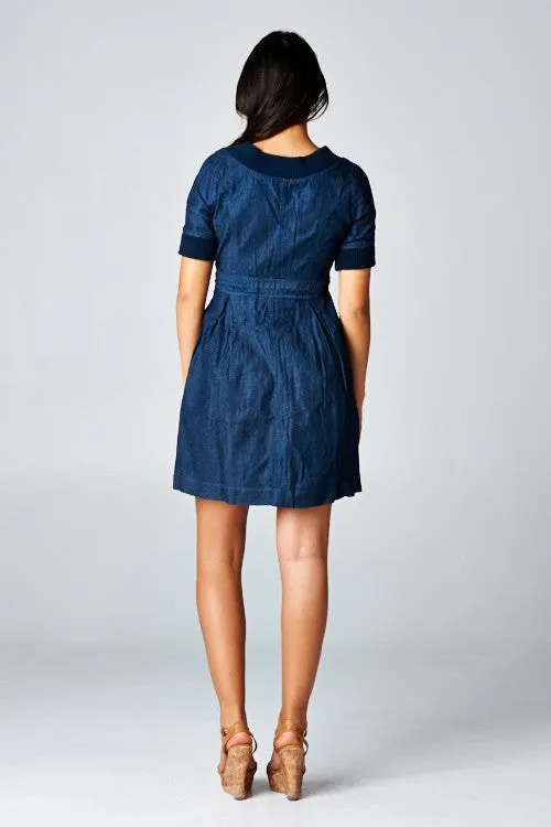 Denim Short Sleeve Zip Up Mini Dress