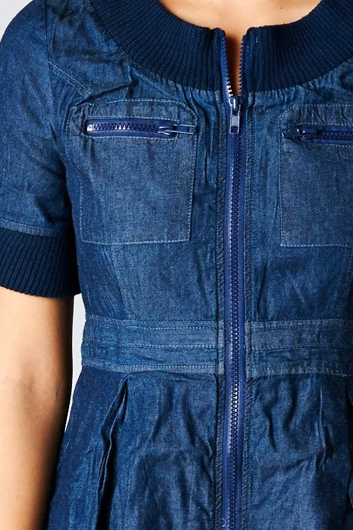 Denim Short Sleeve Zip Up Mini Dress