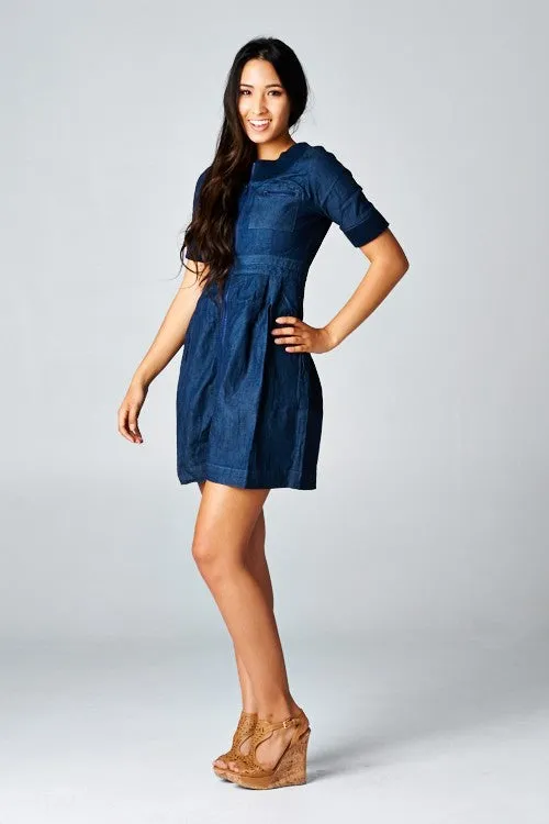 Denim Short Sleeve Zip Up Mini Dress