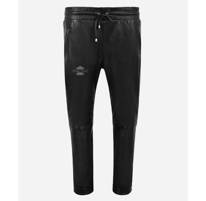 Designer Leather Chinos Men's Elasticated Relax Fit Black Leather Joggers Trousers