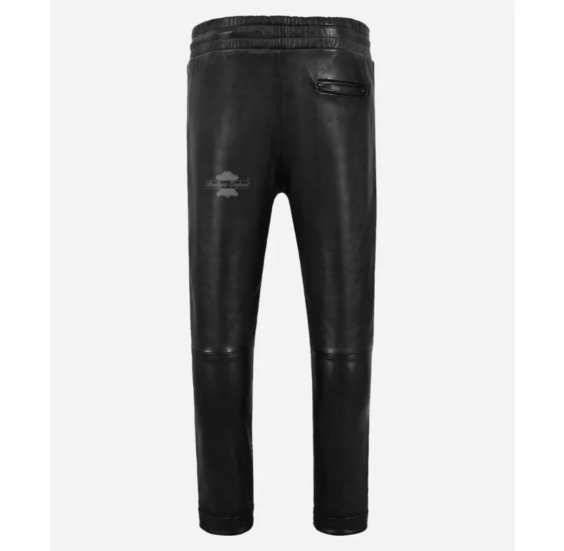 Designer Leather Chinos Men's Elasticated Relax Fit Black Leather Joggers Trousers