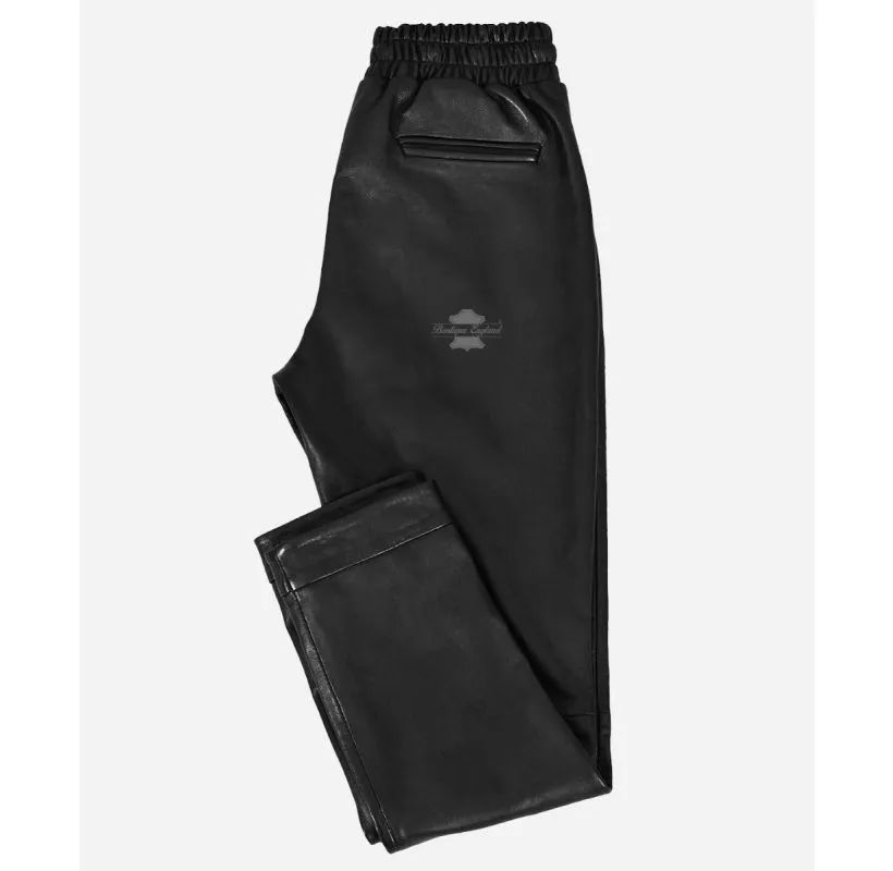 Designer Leather Chinos Men's Elasticated Relax Fit Black Leather Joggers Trousers