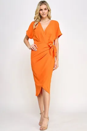 Dolman Sleeve Surplice Wrap Front Midi Dress