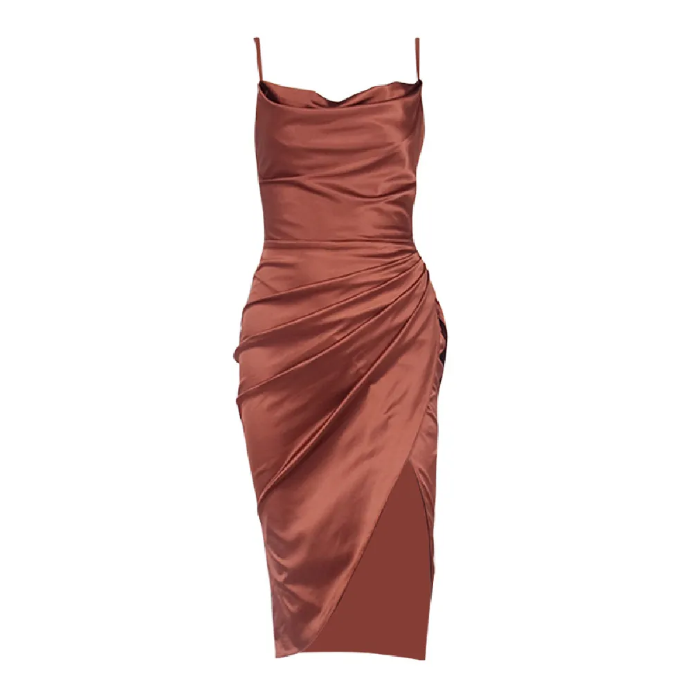 Draped Collar Wrap Ruched Satin Dress