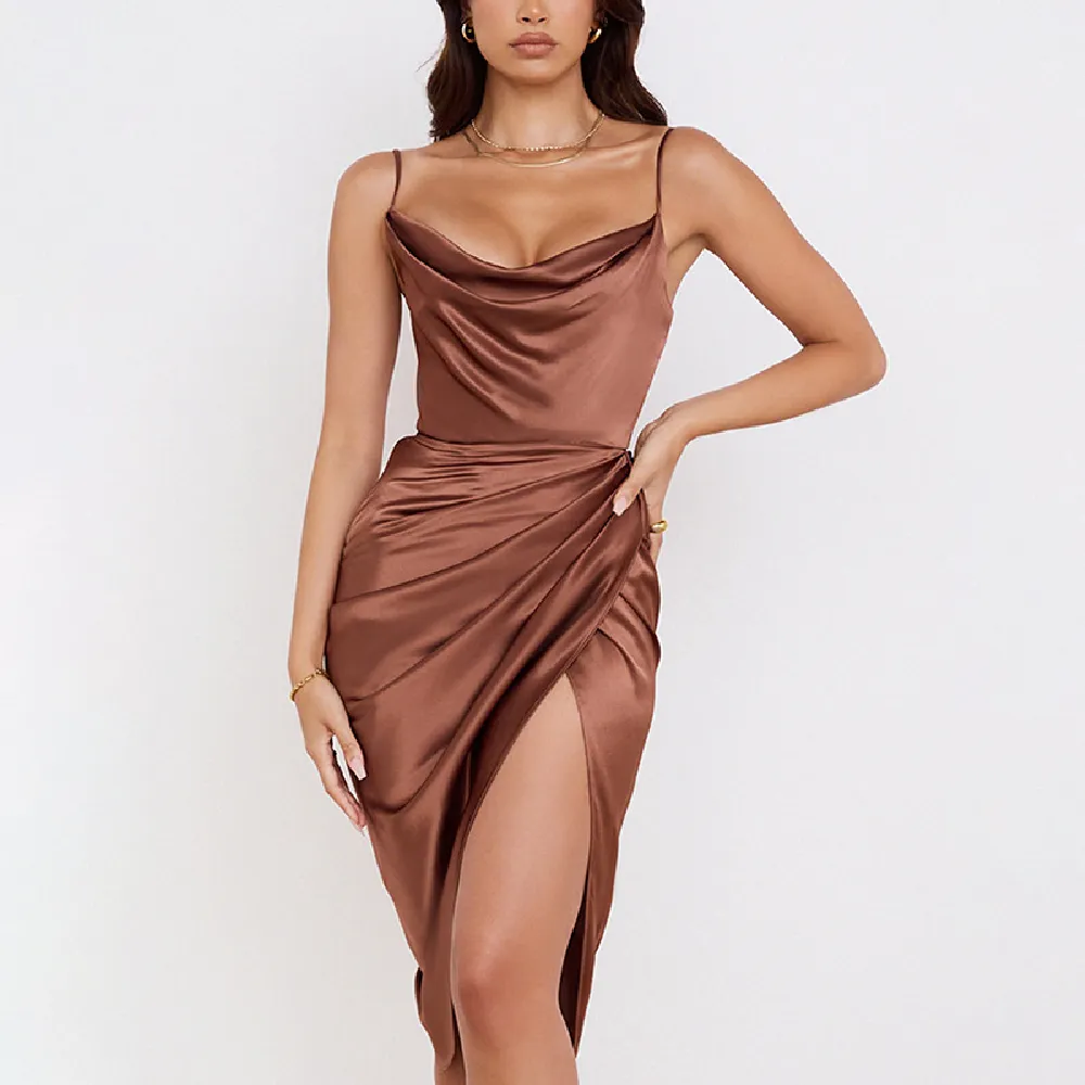 Draped Collar Wrap Ruched Satin Dress