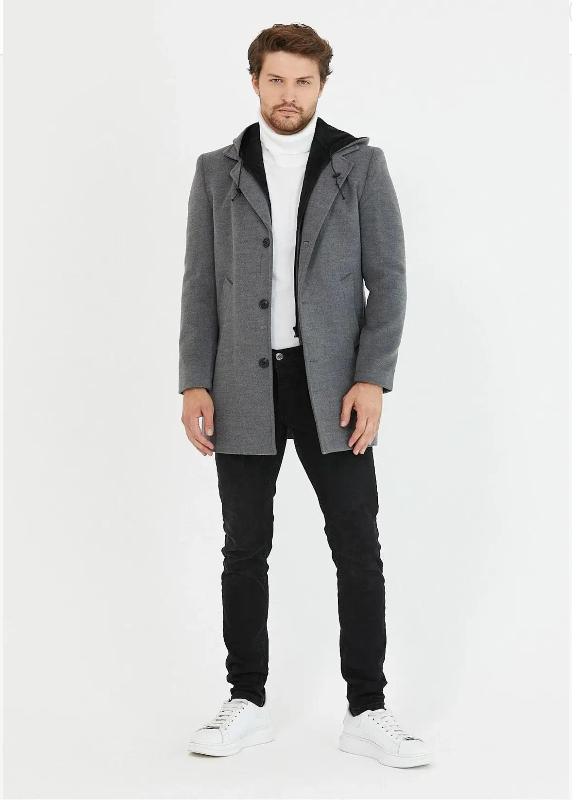 [Drew] Charcoal Grey Single-Breasted Pea Coat with Removable Hood 100% Wool