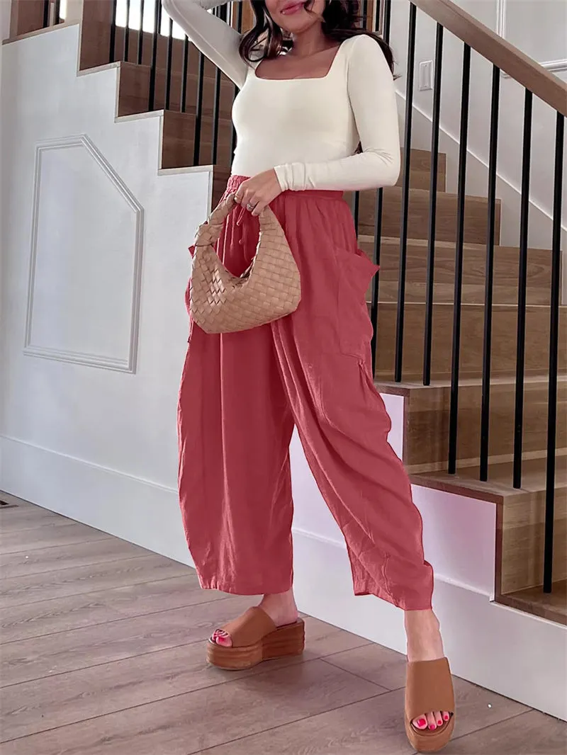Elastic High Waist Wide Leg Pants