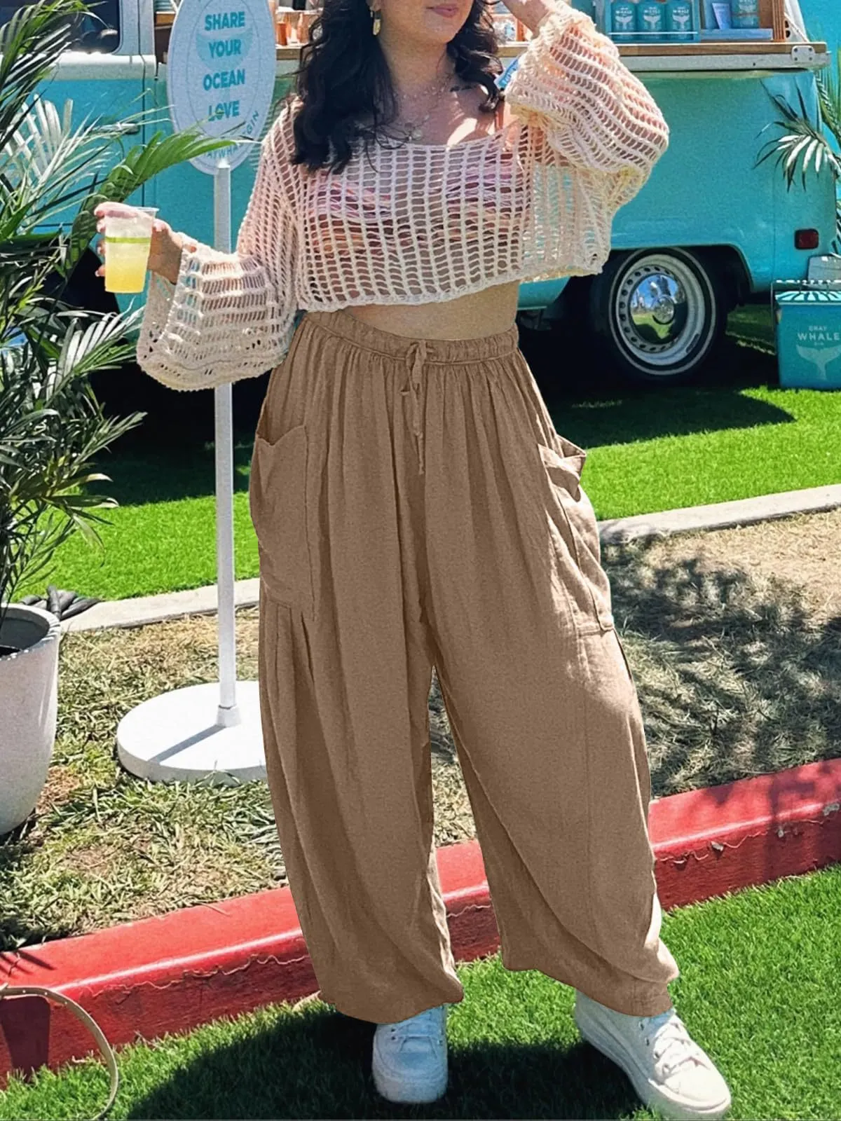 Elastic High Waist Wide Leg Pants