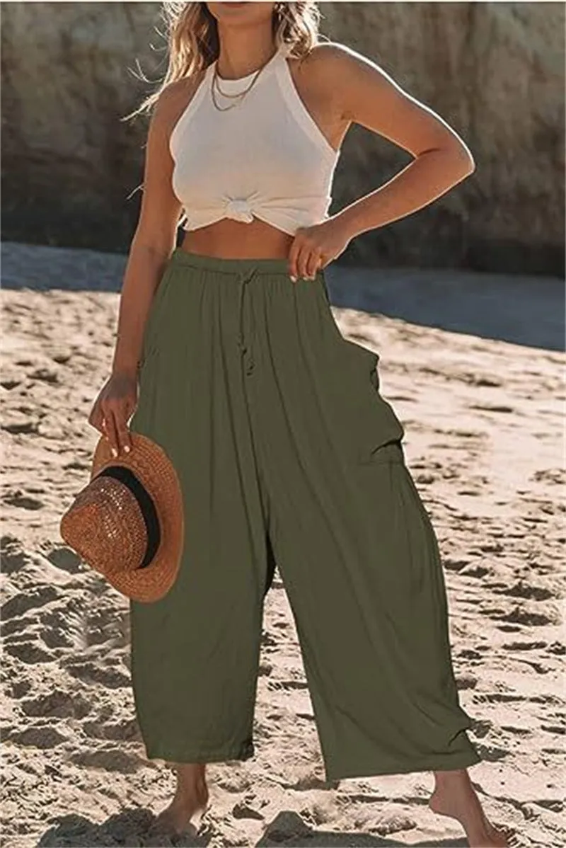 Elastic High Waist Wide Leg Pants