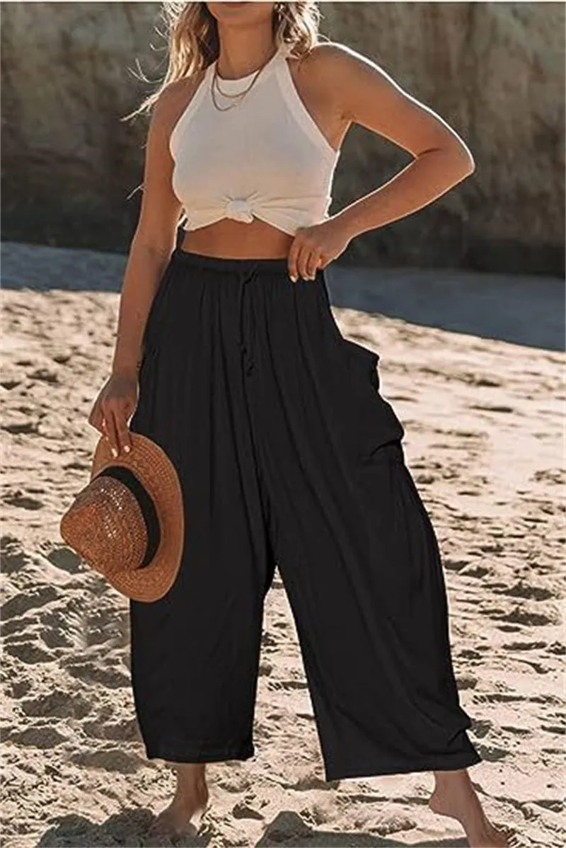 Elastic High Waist Wide Leg Pants