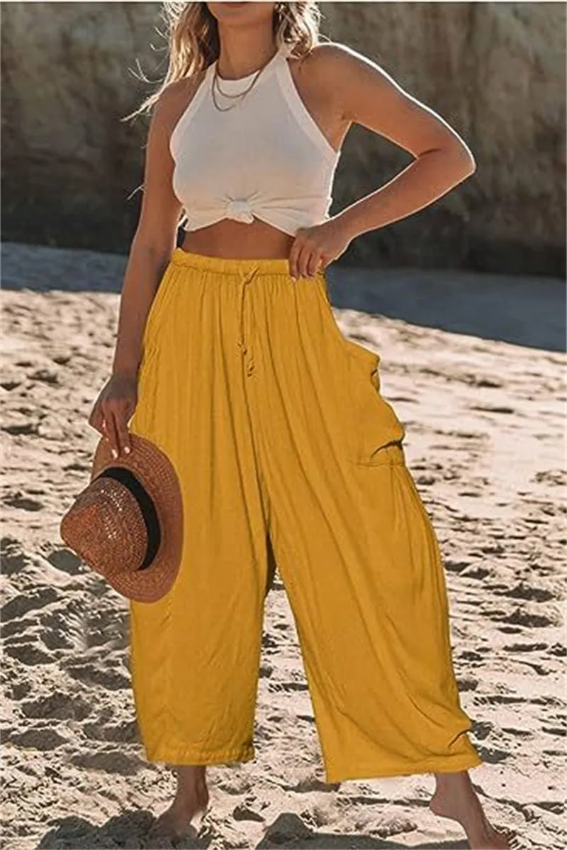 Elastic High Waist Wide Leg Pants