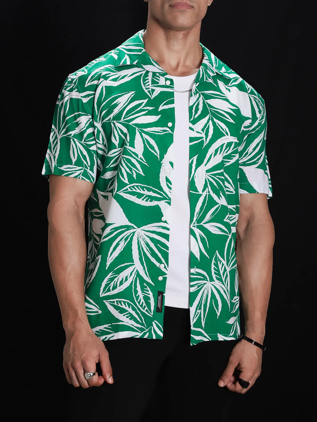 Emerald Green Leaves Print Shirt