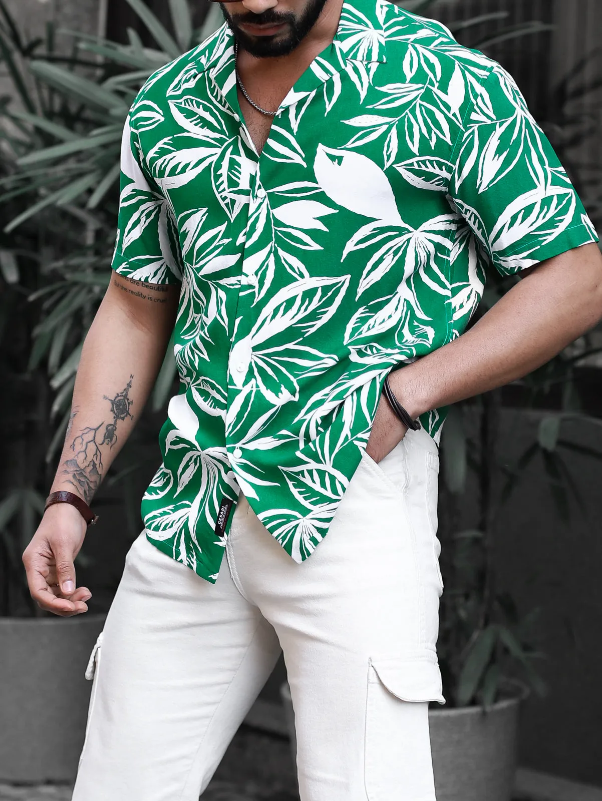 Emerald Green Leaves Print Shirt
