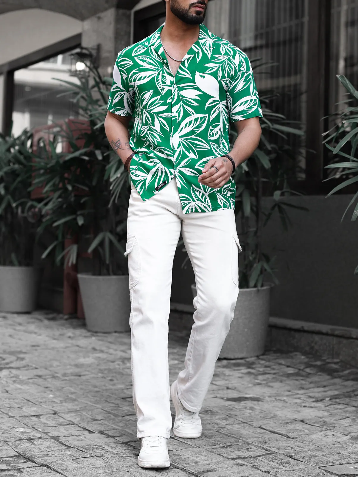 Emerald Green Leaves Print Shirt