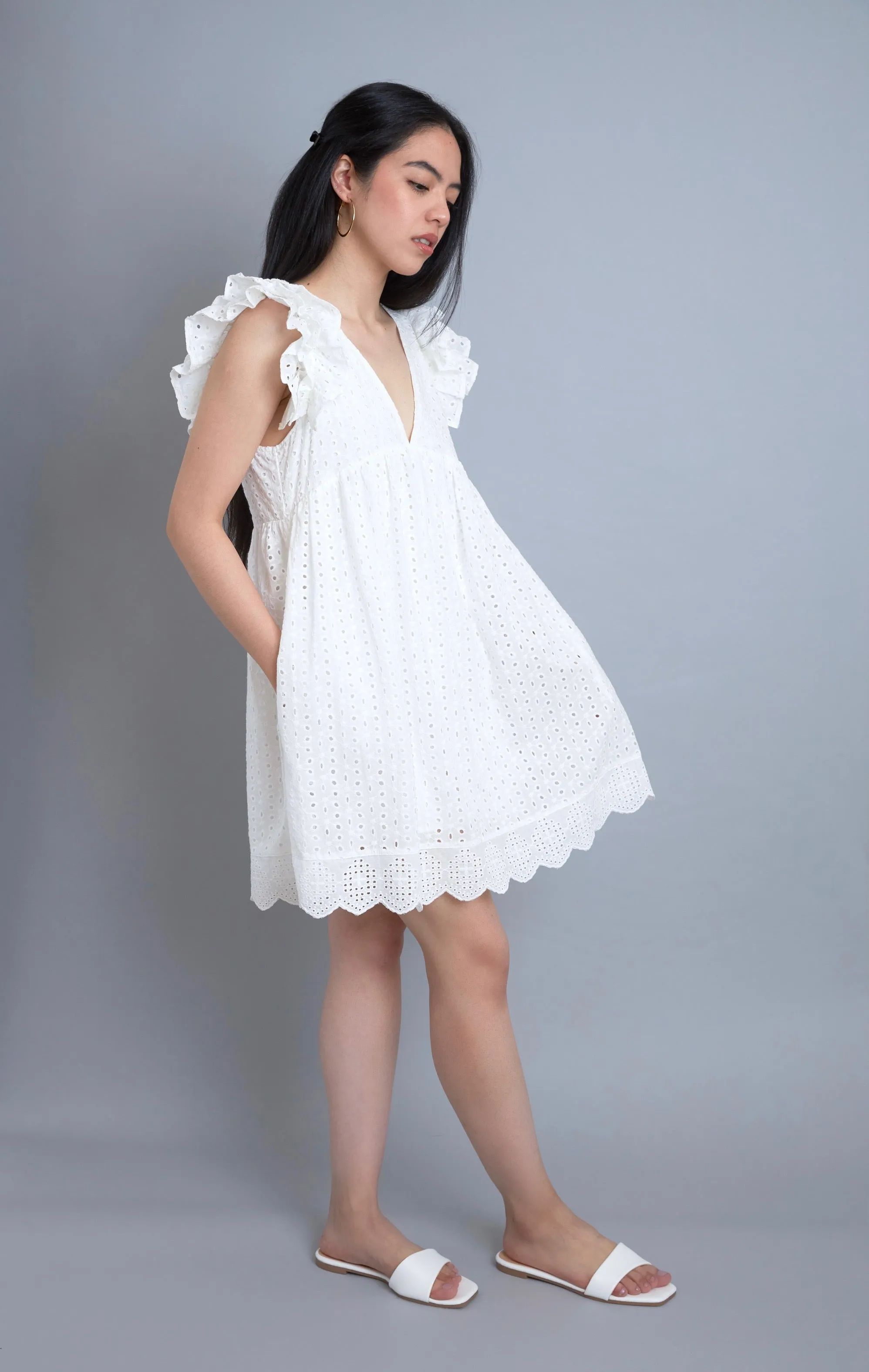 Express Yourself White Eyelet Embroidered Babydoll Dress
