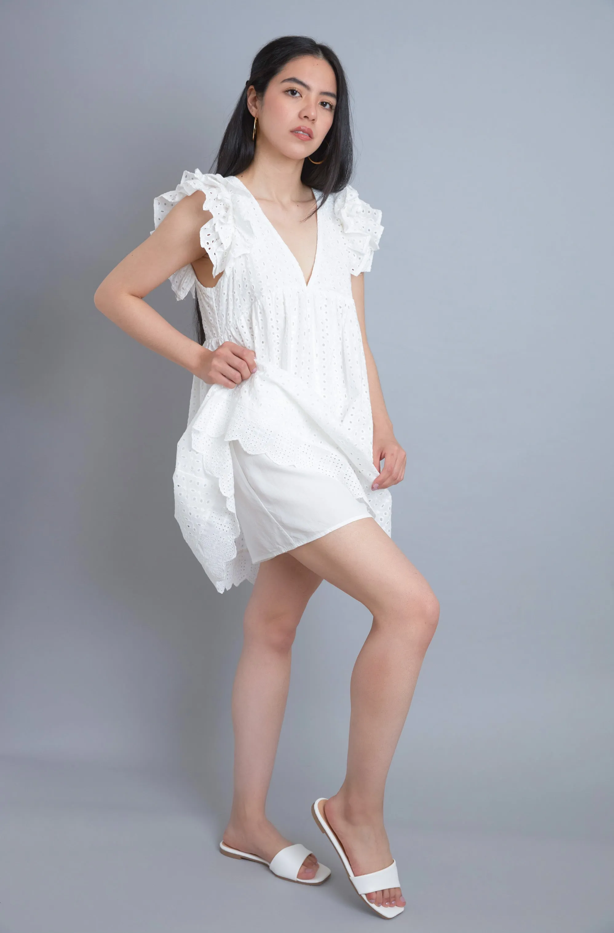 Express Yourself White Eyelet Embroidered Babydoll Dress