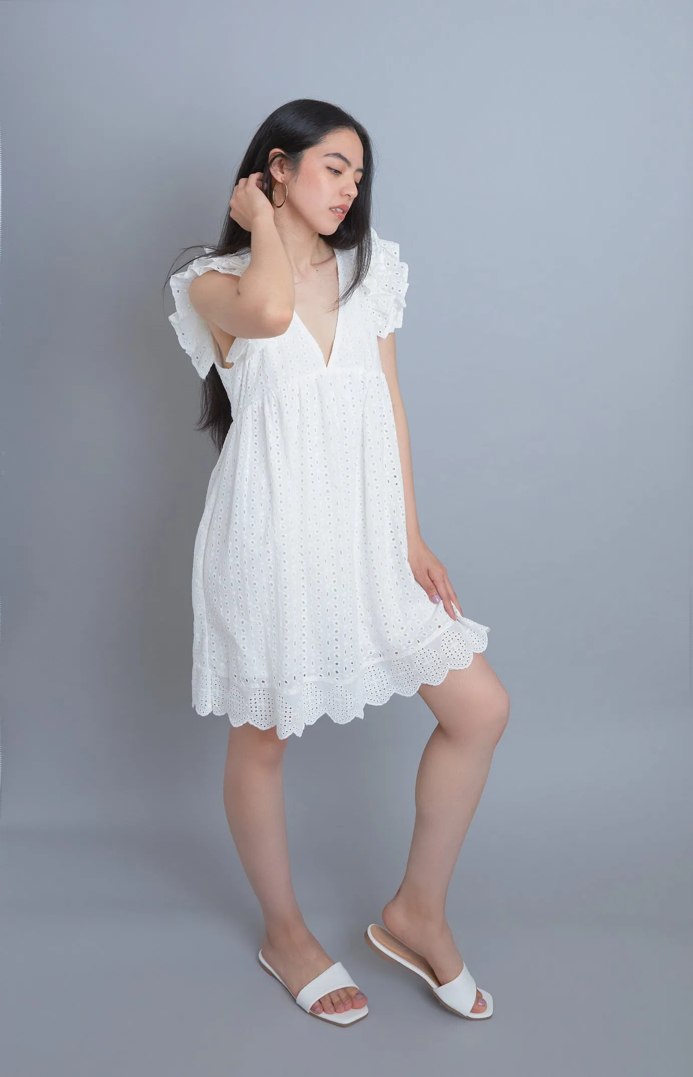 Express Yourself White Eyelet Embroidered Babydoll Dress