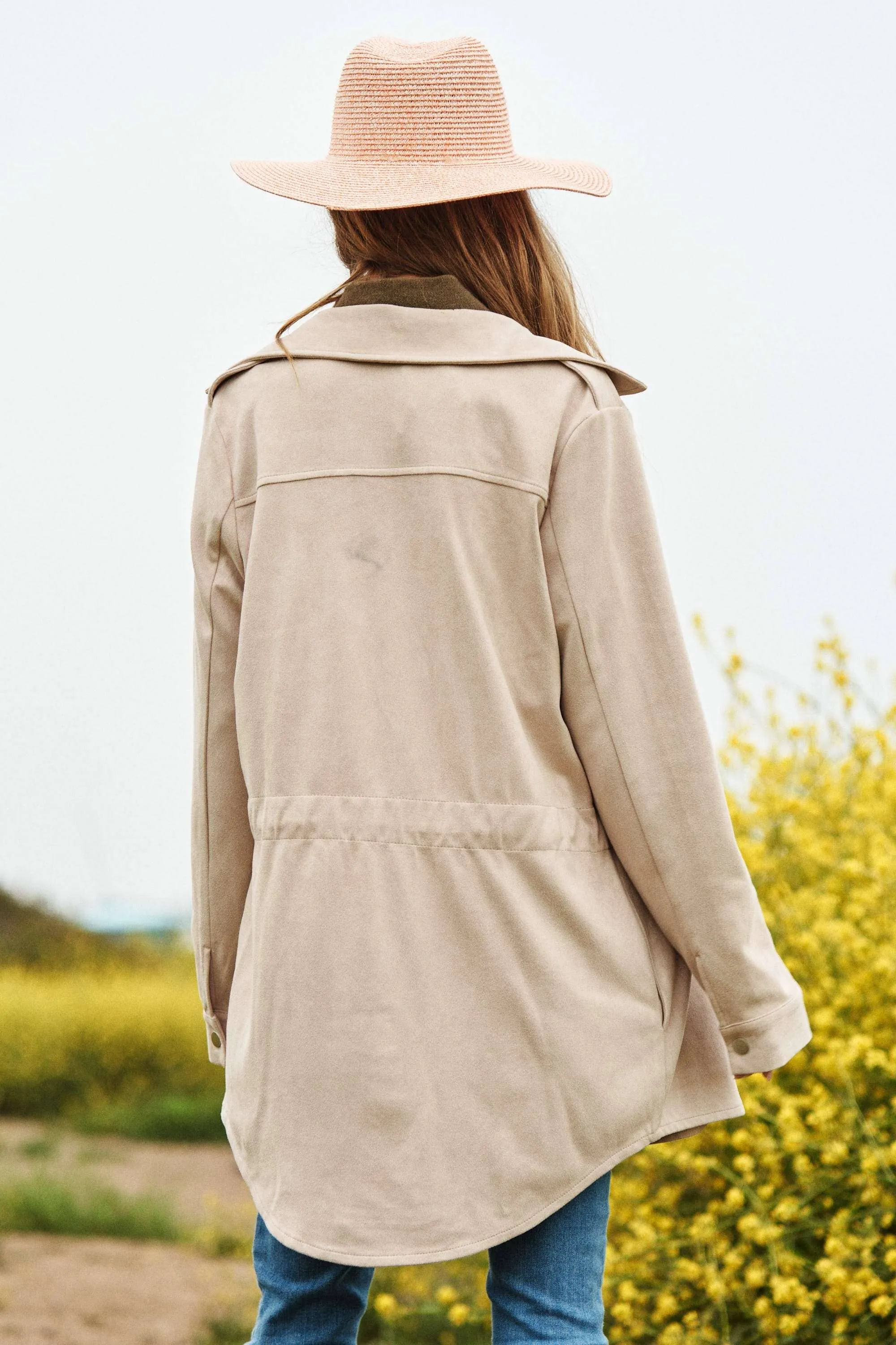 Faux Suede Snap Shacket in Beige
