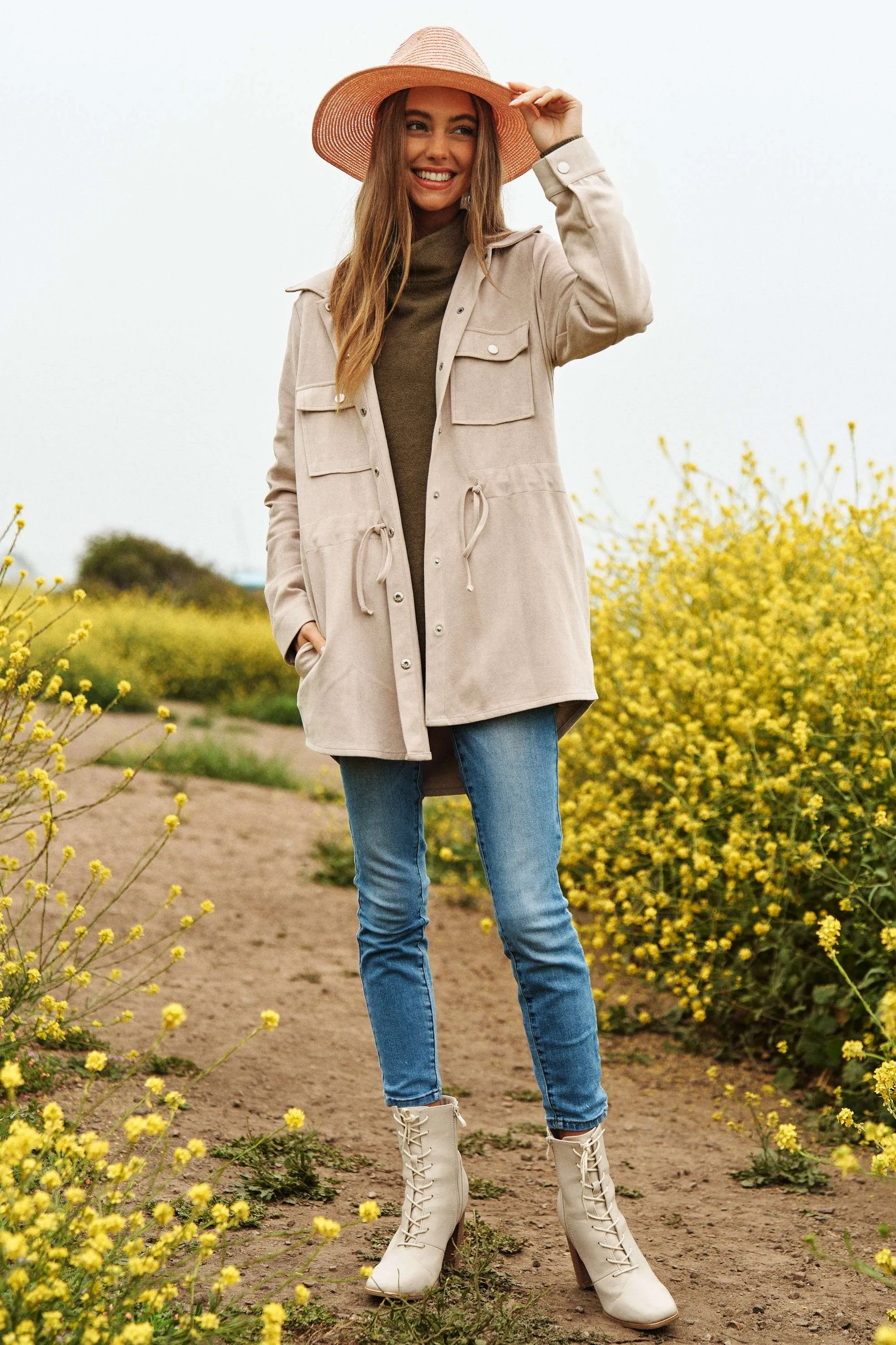 Faux Suede Snap Shacket in Beige