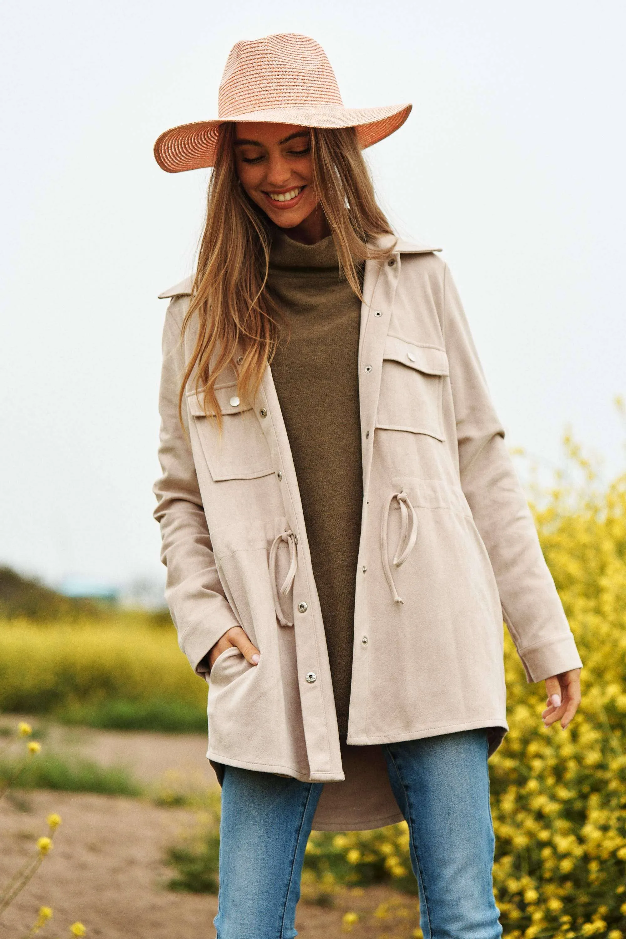 Faux Suede Snap Shacket in Beige